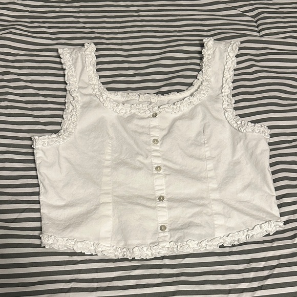 White Ruffled Button-Up Crop Top - Picture 2 of 4